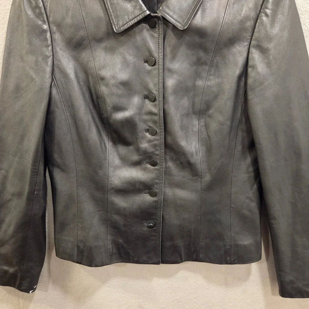 Talbots Black Leather Button Front Blazer Jacket Women's Size 6P Office Classic